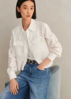 Sale ME+EM Cotton Broderie Cropped Jacket Blouse Soft White