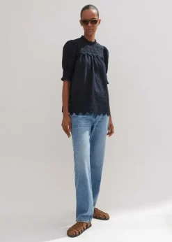 Sale ME+EM Cotton Broderie Highneck Top Eclipse