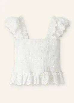 Clearance ME+EM Cotton Delicate Broderie Shirred Top Soft White