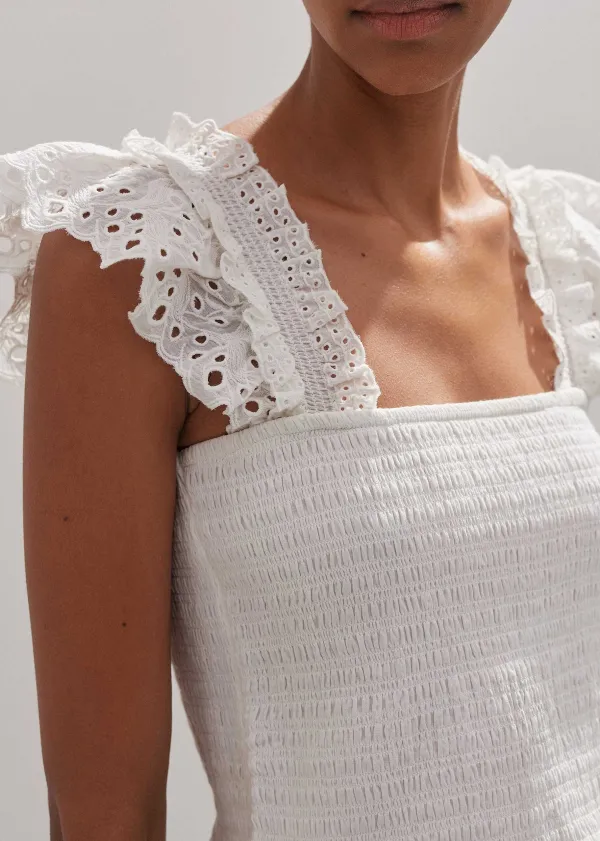 Clearance ME+EM Cotton Delicate Broderie Shirred Top Soft White