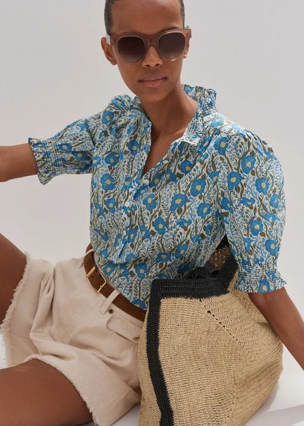 New ME+EM Cotton English Garden Print Top Blue/Khaki/Yellow