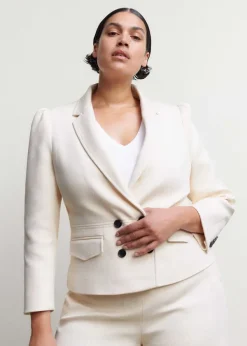 Best ME+EM Cotton Herringbone Fitted Short Blazer Ecru