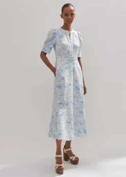 Clearance ME+EM Cotton Jacquard Gardenia Print Maxi Dress Light Cream/Blue