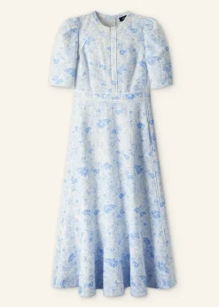 Clearance ME+EM Cotton Jacquard Gardenia Print Maxi Dress Light Cream/Blue