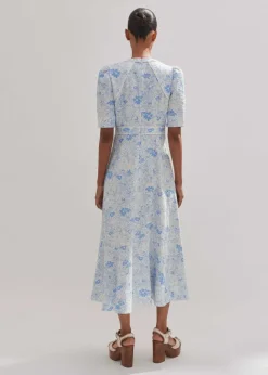 Clearance ME+EM Cotton Jacquard Gardenia Print Maxi Dress Light Cream/Blue
