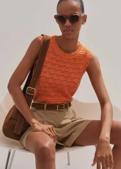 Hot ME+EM Cotton Lace Stitch Knit Vest Orange Zing