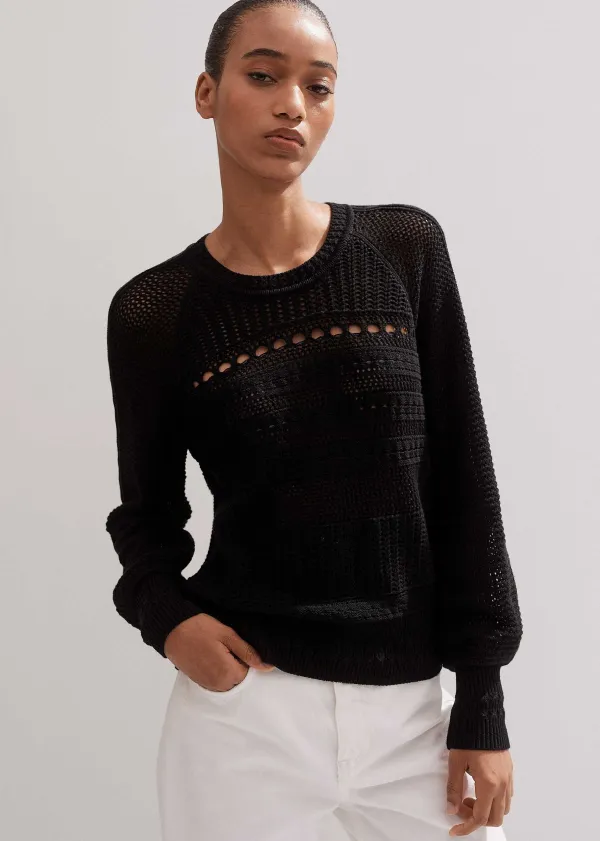 New ME+EM Cotton Lace Stitch Raglan Sleeve Jumper Black