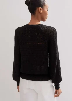 New ME+EM Cotton Lace Stitch Raglan Sleeve Jumper Black