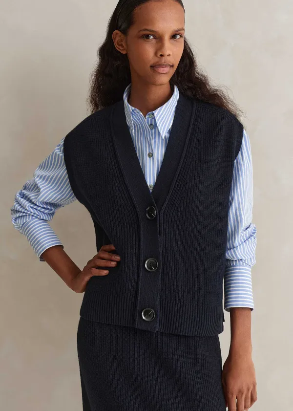 ME+EM Cotton Merino Rib Relaxed Buttoned Vest Navy