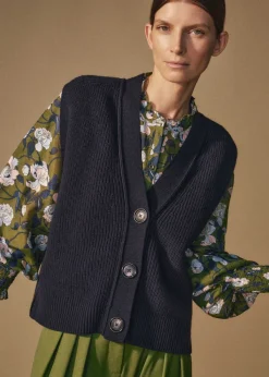 ME+EM Cotton Merino Rib Relaxed Buttoned Vest Navy
