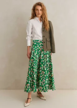 ME+EM Cotton Poplin Lantana Print Maxi Skirt Green/Pink/Multi