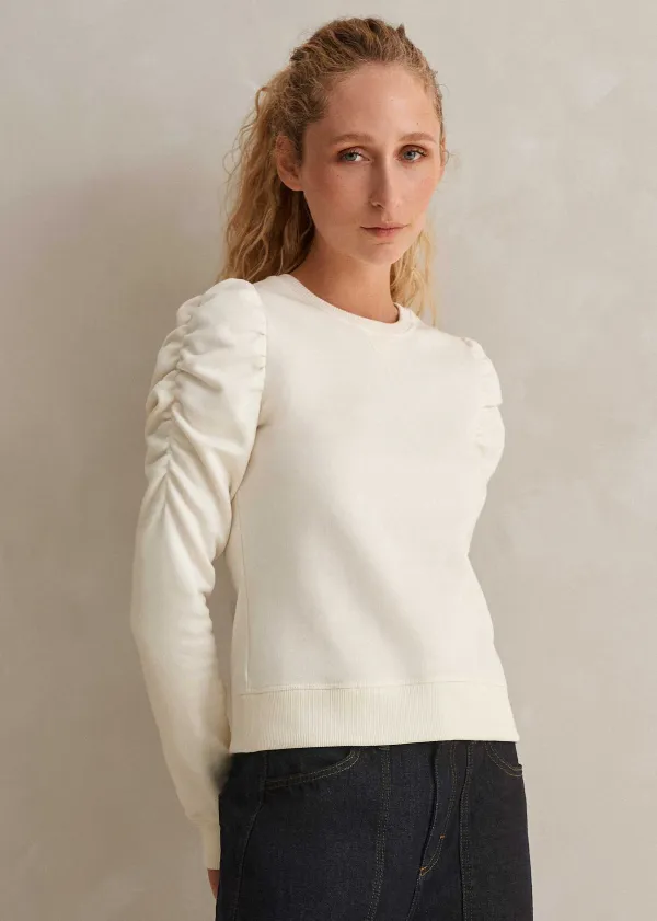 New ME+EM Cotton Ruche Sleeve Sweatshirt Cream