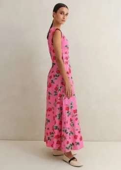 Outlet ME+EM Cotton Sateen Rose Print Maxi Dress Pink/Green/Red
