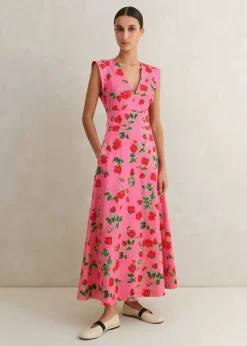 Outlet ME+EM Cotton Sateen Rose Print Maxi Dress Pink/Green/Red