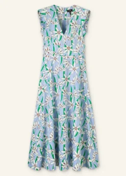 ME+EM Cotton Sateen Snowdrop Print Maxi Dress Blue/Light Cream/Green