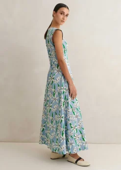 ME+EM Cotton Sateen Snowdrop Print Maxi Dress Blue/Light Cream/Green