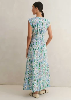 ME+EM Cotton Sateen Snowdrop Print Maxi Dress Blue/Light Cream/Green