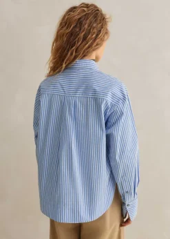 Discount ME+EM Cotton Stripe Dipped Hem Crop Shirt Pale Blue/White