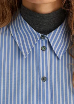 Discount ME+EM Cotton Stripe Dipped Hem Crop Shirt Pale Blue/White