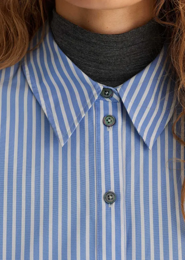 Discount ME+EM Cotton Stripe Dipped Hem Crop Shirt Pale Blue/White