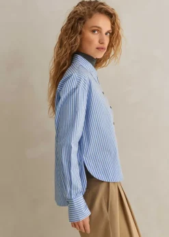 Discount ME+EM Cotton Stripe Dipped Hem Crop Shirt Pale Blue/White