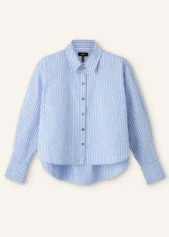 Discount ME+EM Cotton Stripe Dipped Hem Crop Shirt Pale Blue/White
