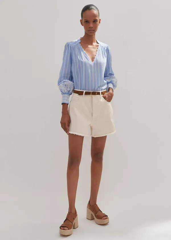 ME+EM Cotton Voile Lace Embroidered Top + Tie Pale Blue/White