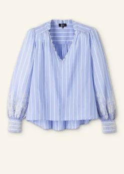 ME+EM Cotton Voile Lace Embroidered Top + Tie Pale Blue/White