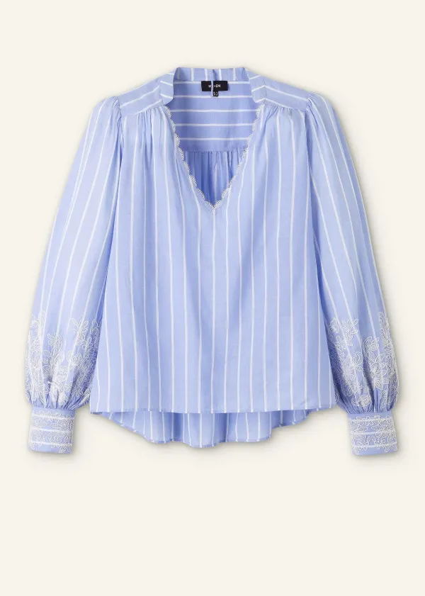 ME+EM Cotton Voile Lace Embroidered Top + Tie Pale Blue/White