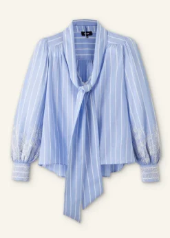 ME+EM Cotton Voile Lace Embroidered Top + Tie Pale Blue/White