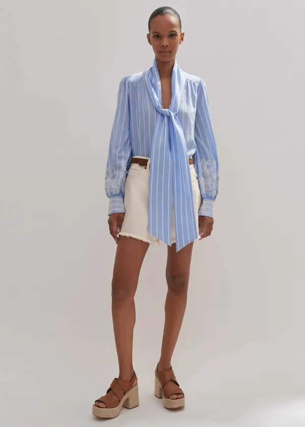 ME+EM Cotton Voile Lace Embroidered Top + Tie Pale Blue/White