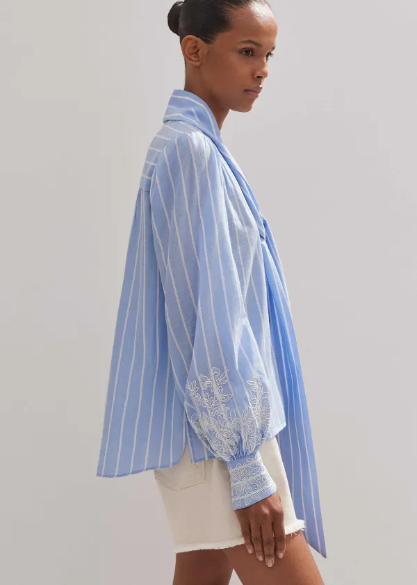 ME+EM Cotton Voile Lace Embroidered Top + Tie Pale Blue/White