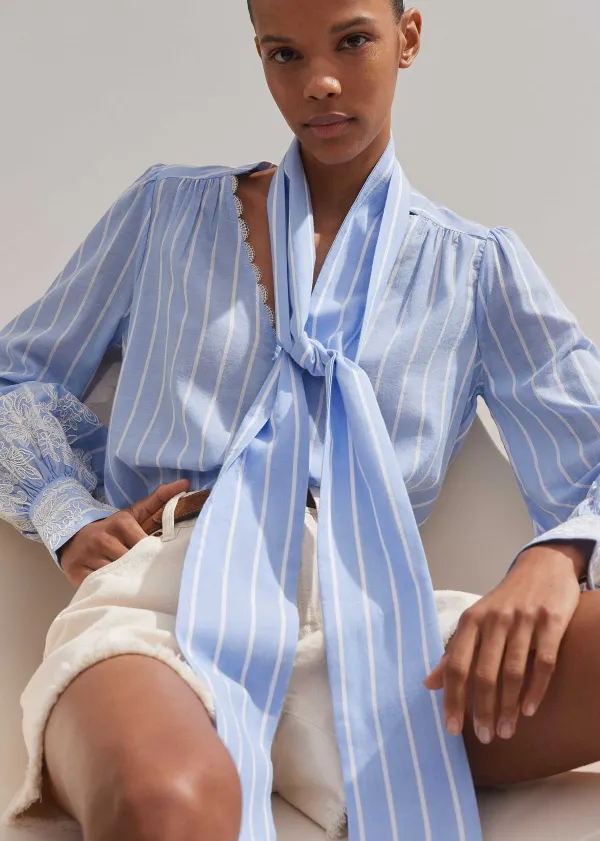ME+EM Cotton Voile Lace Embroidered Top + Tie Pale Blue/White