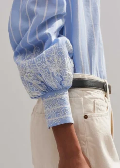 ME+EM Cotton Voile Lace Embroidered Top + Tie Pale Blue/White