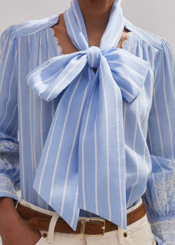 ME+EM Cotton Voile Lace Embroidered Top + Tie Pale Blue/White
