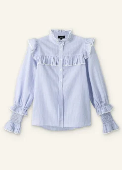 ME+EM Cotton Voile Stripe Long Sleeve Top Cream/Blue