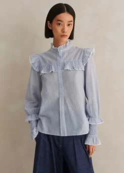 ME+EM Cotton Voile Stripe Long Sleeve Top Cream/Blue