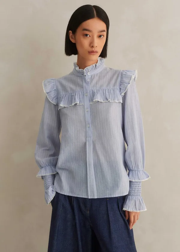ME+EM Cotton Voile Stripe Long Sleeve Top Cream/Blue