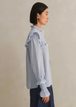 ME+EM Cotton Voile Stripe Long Sleeve Top Cream/Blue