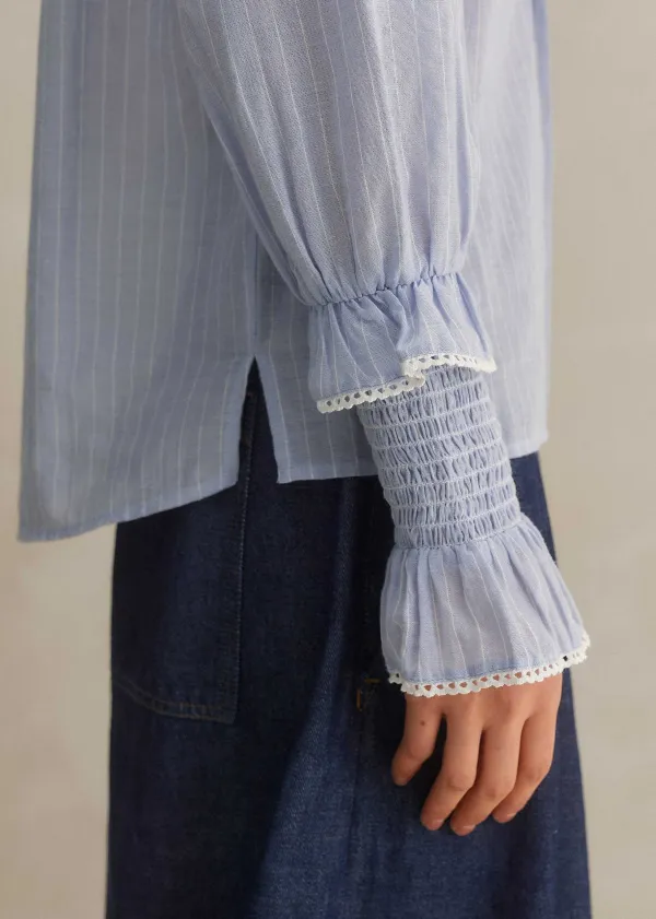 ME+EM Cotton Voile Stripe Long Sleeve Top Cream/Blue