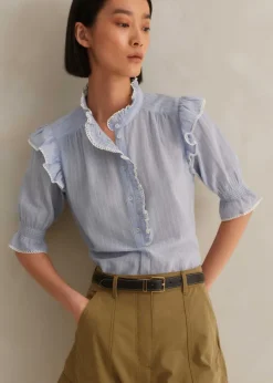 Hot ME+EM Cotton Voile Stripe Short Sleeve Top Cream/Blue