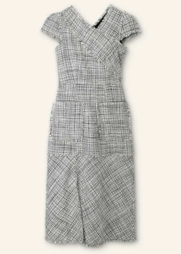 New ME+EM Cotton-Blend Fringe Trim Midi Dress Black/White