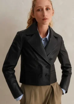 Clearance ME+EM Cropped Leather Military Jacket Black