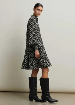 New ME+EM Ginko Leaf Print Short Swing Dress + Belt Black/Brown/Cream