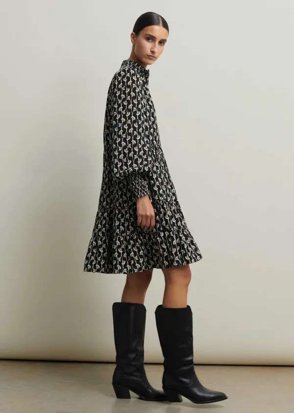 New ME+EM Ginko Leaf Print Short Swing Dress + Belt Black/Brown/Cream