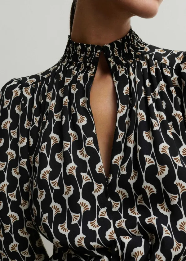 New ME+EM Ginko Leaf Print Short Swing Dress + Belt Black/Brown/Cream
