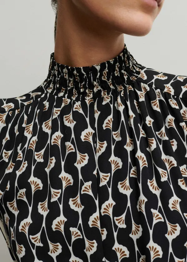 New ME+EM Ginko Leaf Print Short Swing Dress + Belt Black/Brown/Cream