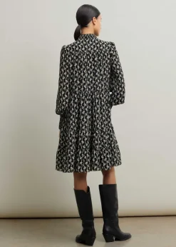 New ME+EM Ginko Leaf Print Short Swing Dress + Belt Black/Brown/Cream
