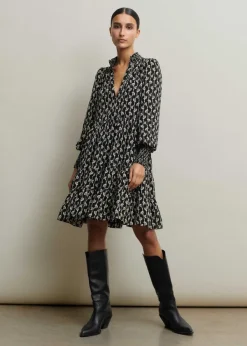 New ME+EM Ginko Leaf Print Short Swing Dress + Belt Black/Brown/Cream