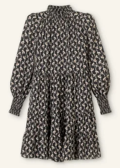 New ME+EM Ginko Leaf Print Short Swing Dress + Belt Black/Brown/Cream